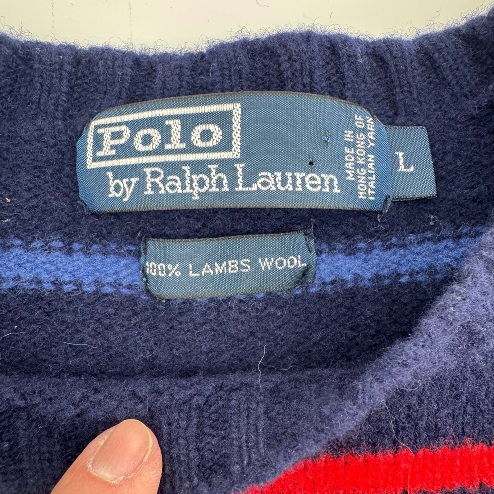 Polo Ralph Lauren Sweater Womens Large Navy Blue Striped 100% Lambswool Crewneck - Picture 7 of 9